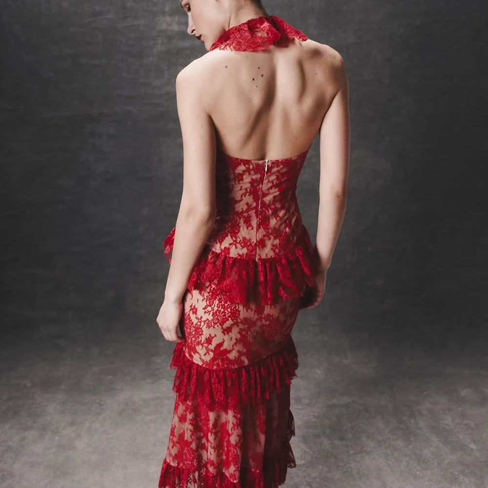 Sexy Lace Midi Halter Dress Women Red Ruffle Backless Sleeveless Party Dresses 2025 Summer Lady Vacation Robes New