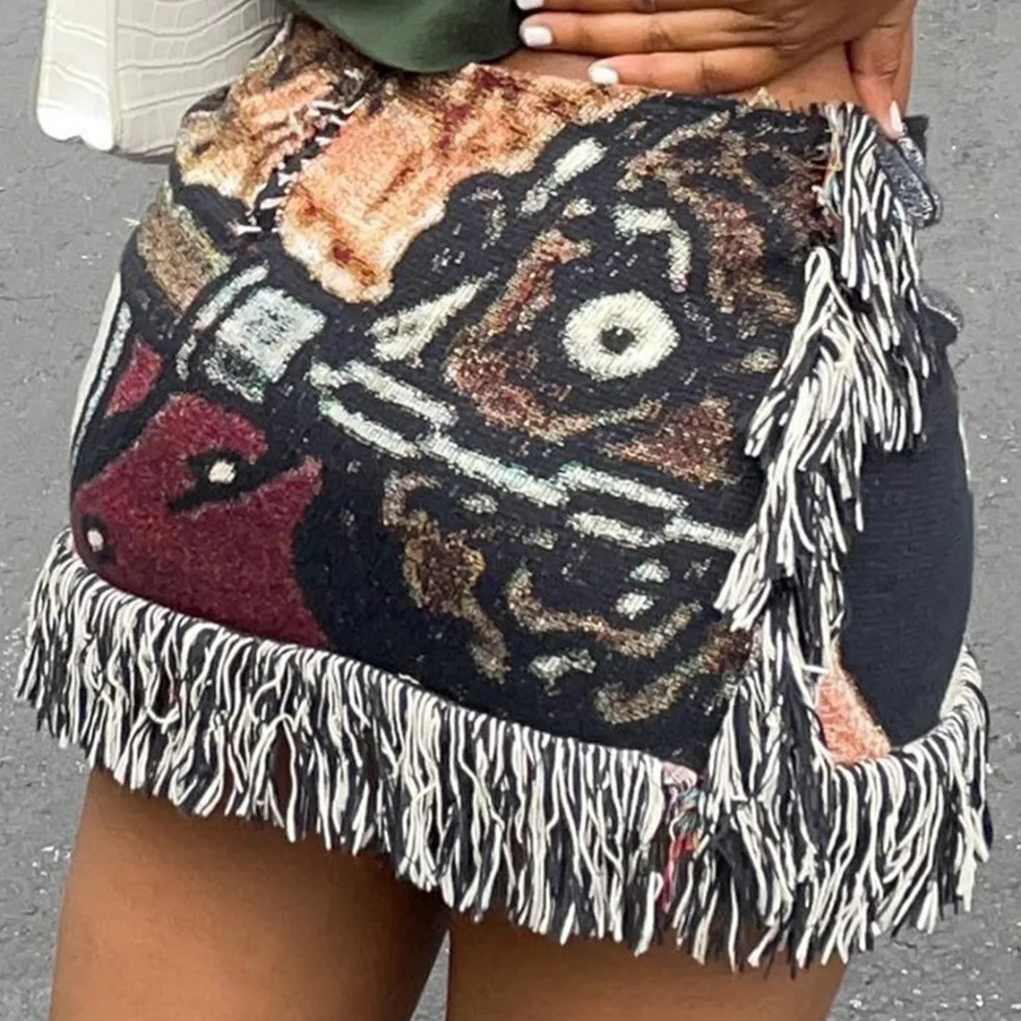 CM.YAYA 2024 Spring Casual Fashion Pattern Tassel Mini Short Skirt Slim Print Street Female INS Classic Women’s Skirts