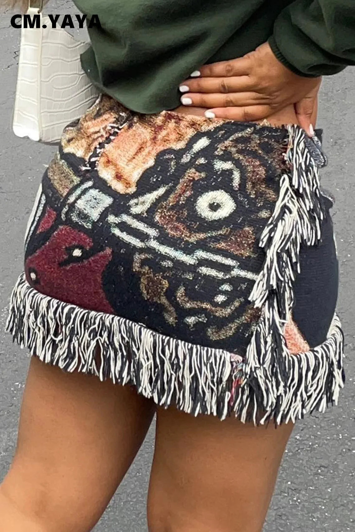CM.YAYA 2024 Spring Casual Fashion Pattern Tassel Mini Short Skirt Slim Print Street Female INS Classic Women’s Skirts