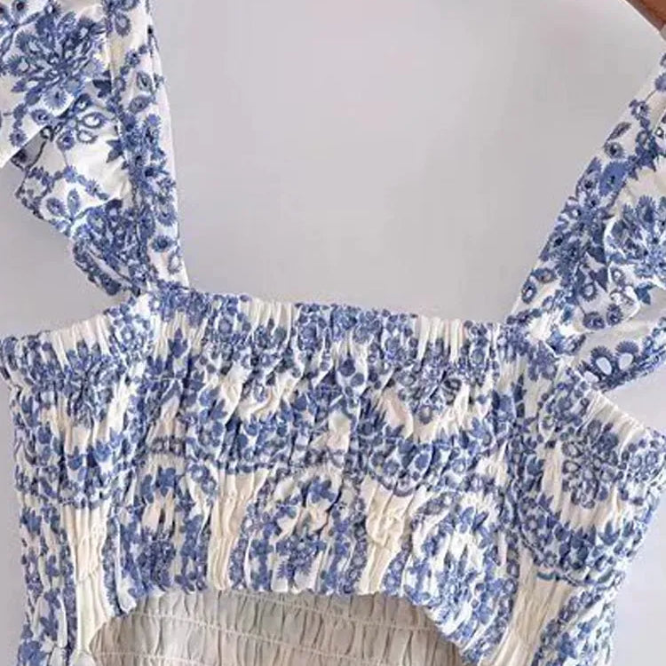 TRAF Women Fashion Cutwork Embroidery Smocked Midi Dress Vintage Backless Ruffled Straps Female Dresses Vestidos Mujer