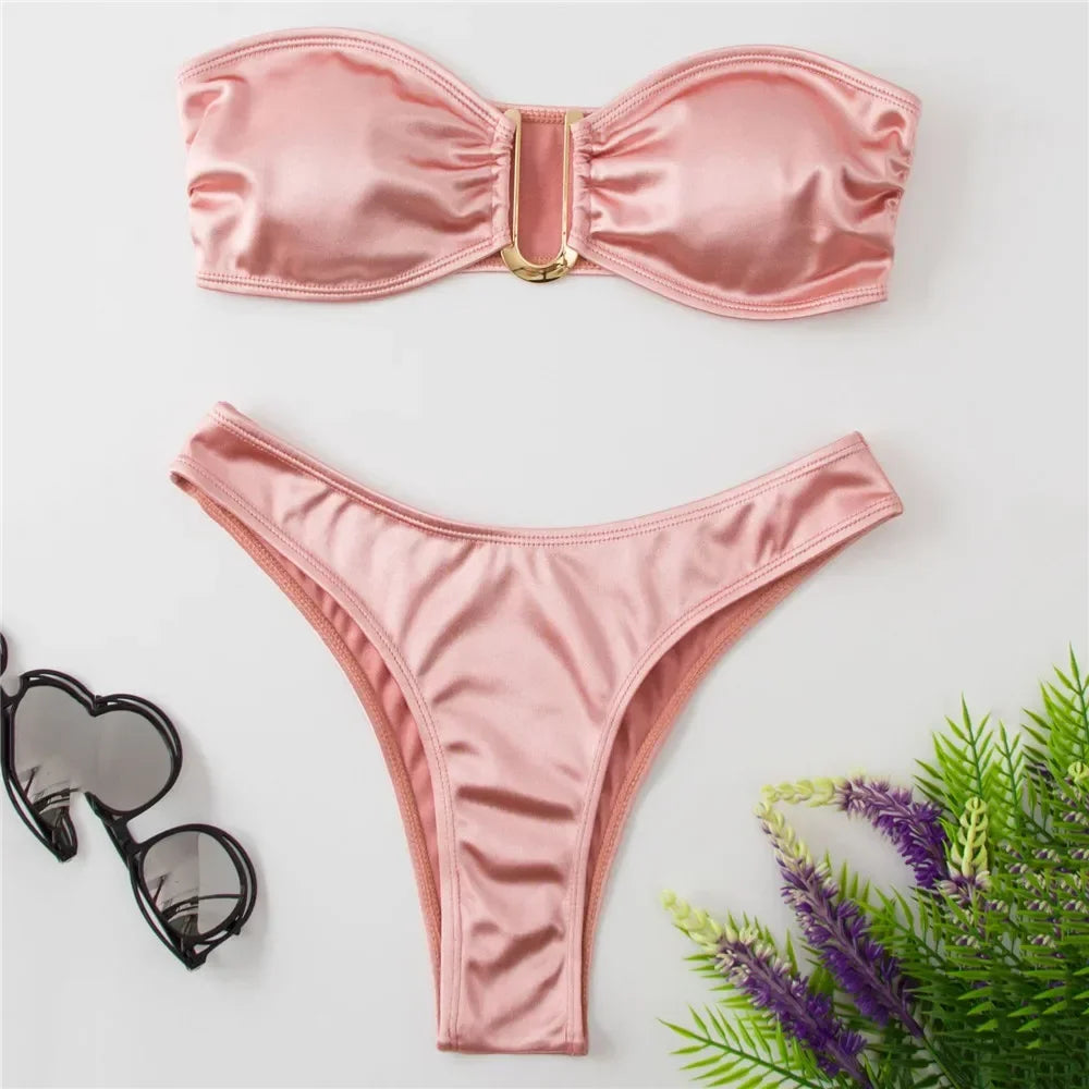 Sexy U Shaped Bandeau Bikinis Set Mujer Strapless Swimwear Women Gold Swimsuit Bathing Suit Biquinis Brazilian Bikini Swim 2024 Pink