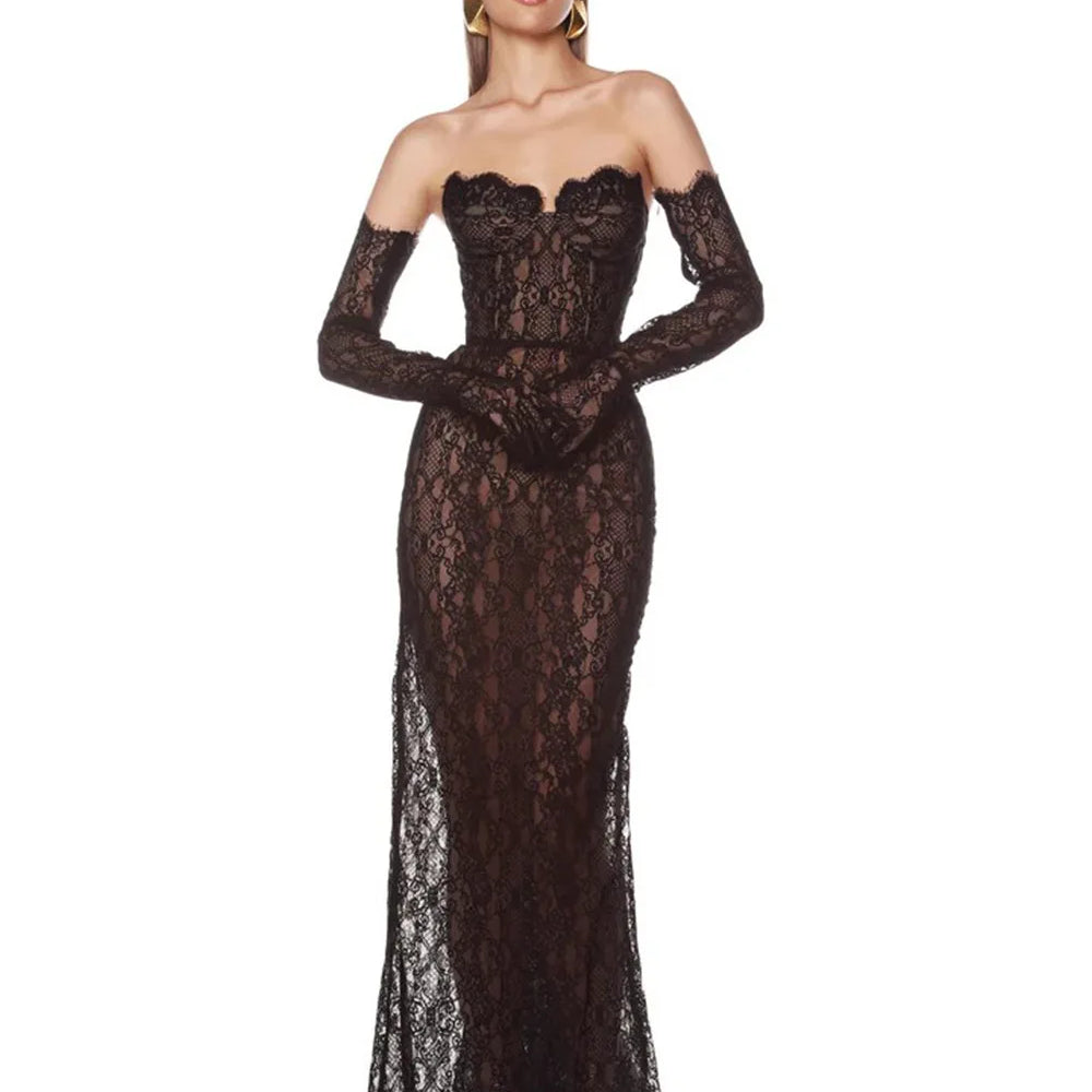 Top Quality Women Sexy Off the Shoulder Lace Bodycon Long Maxi Dress Gloves Celebrate Elegant Evening Party Prom Outfit Vestido