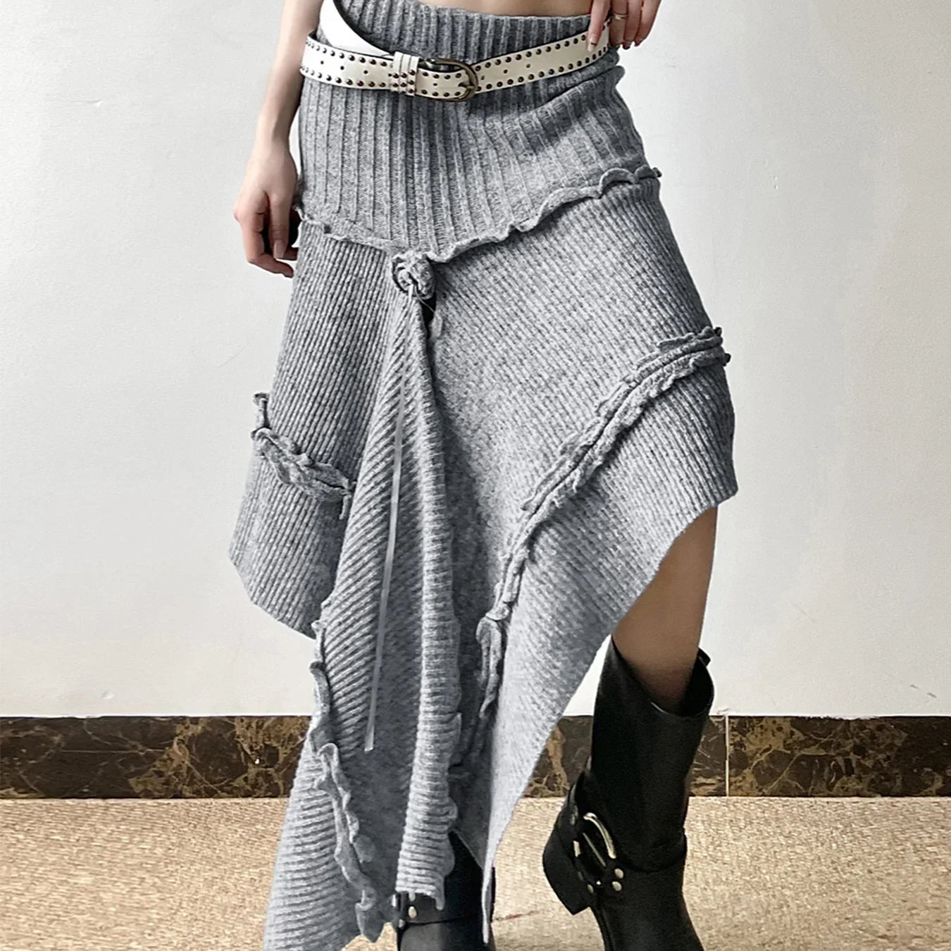 IAMSURE Grunge Style Casual Asymmetrical A-Line Skirt Solid Low-Waisted Knitted Midi Skirts Women Autumn Winter Fashion GRAY