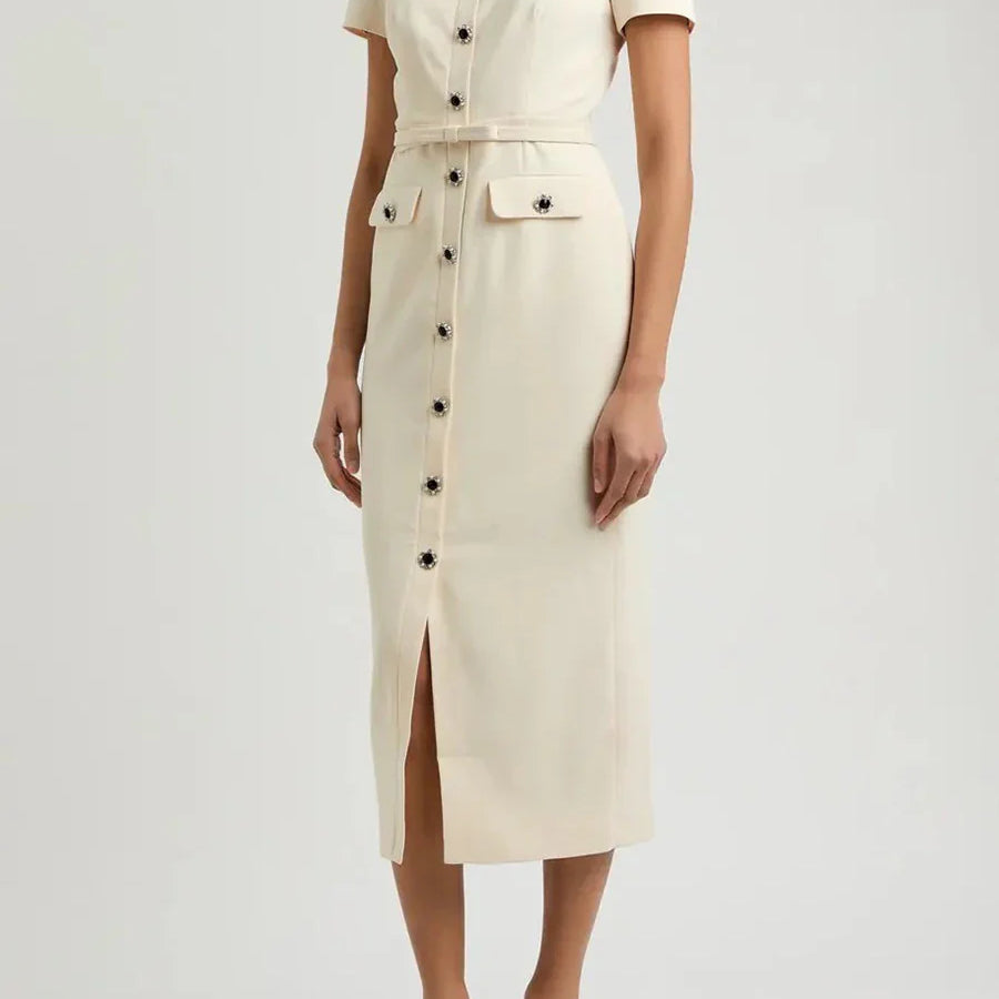 Solid Slimming Spliced Single Breasted Elegant Dresses for Women Square Neck Short Sleeves Split Dress Female New