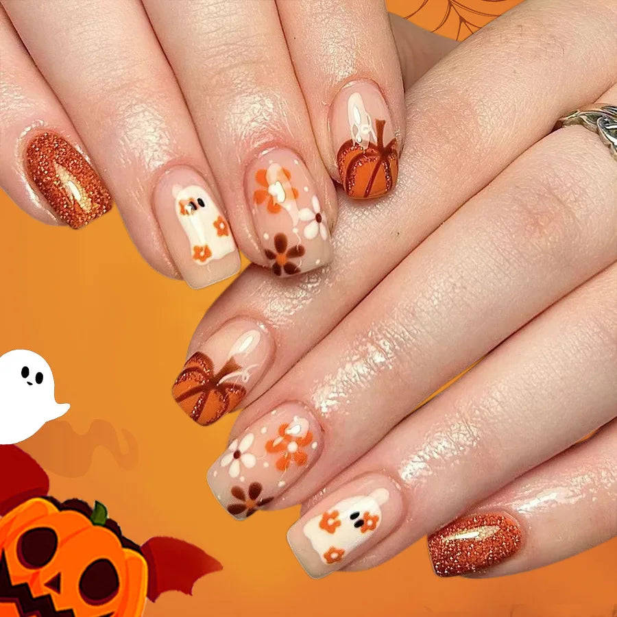 24Pcs Mid-length Square Nails Set Press on Pumpkin Bat Design False Nails Halloween Spider Web Wearable Full Cover Fake Nail Tip