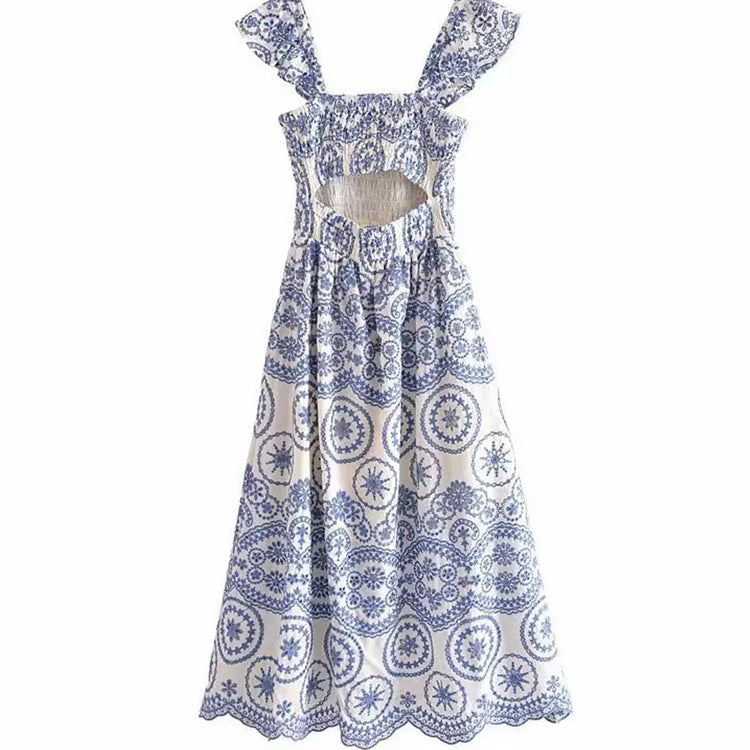 TRAF Women Fashion Cutwork Embroidery Smocked Midi Dress Vintage Backless Ruffled Straps Female Dresses Vestidos Mujer