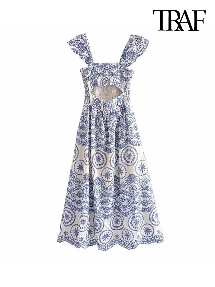 TRAF Women Fashion Cutwork Embroidery Smocked Midi Dress Vintage Backless Ruffled Straps Female Dresses Vestidos Mujer