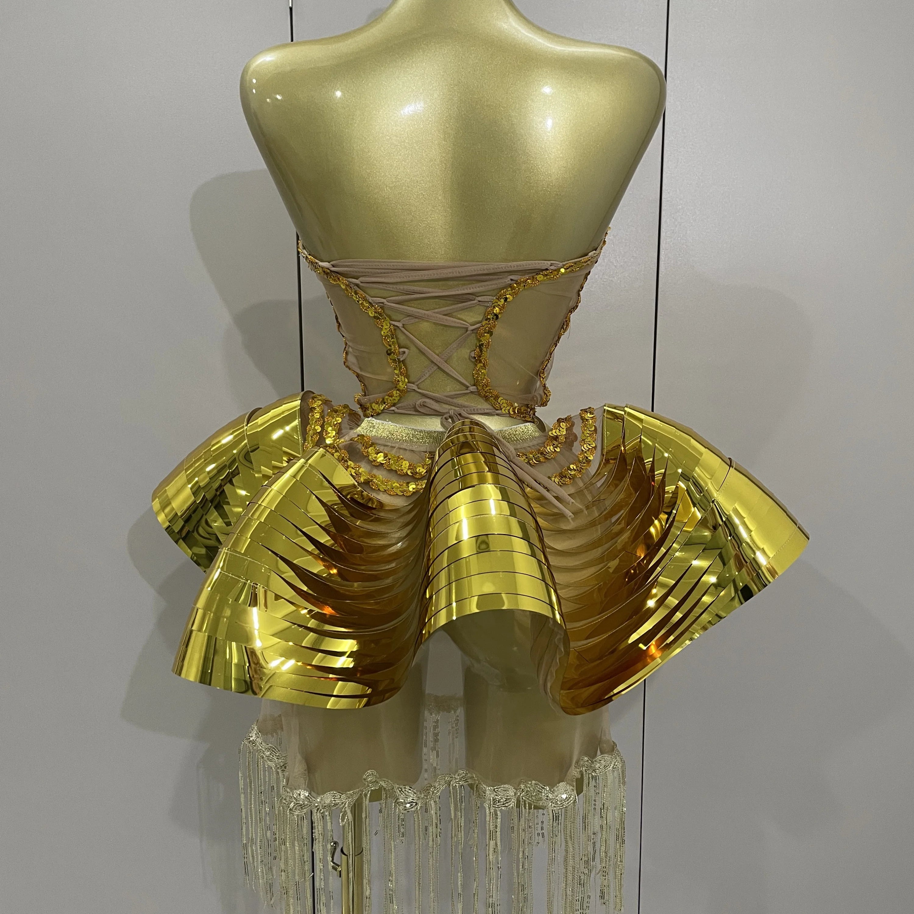 STOCK Shiny Gold Mirrors Sexy 2 Pieces Mini Dress 2025 Women Celebrate Birthday Party Performance Stage Costume Festival Wear