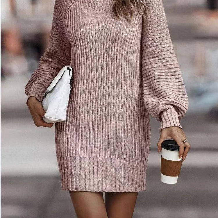 Vintage Winter Knitted Dress Ladies Chic Turtleneck Lantern Long Sleeve Sweater Dresses for Women Autumn Sexy Slim Pencil Dress