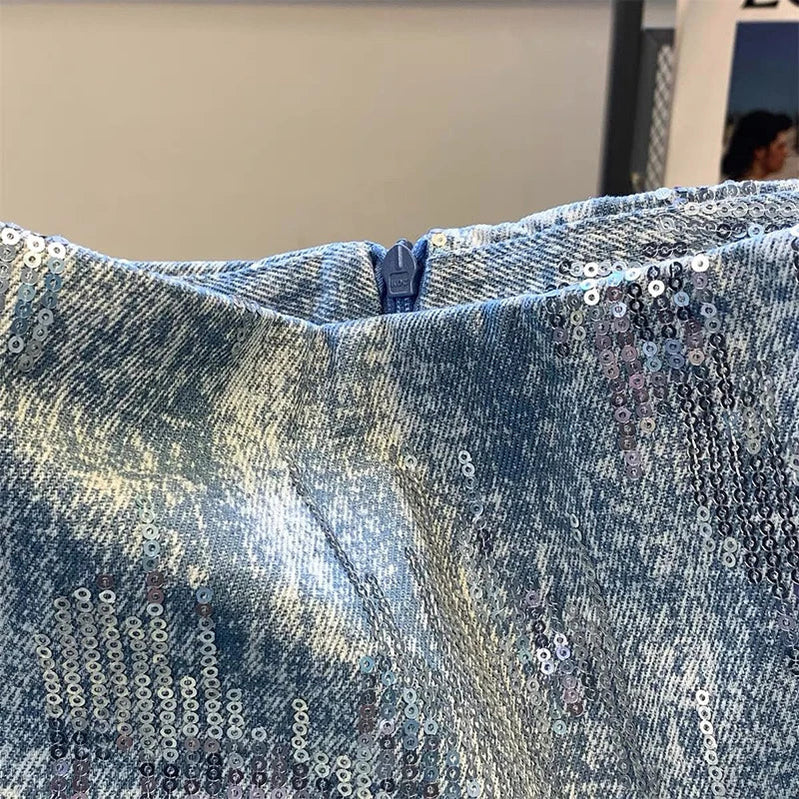 skirts for women Sequin denim bag hip skirt Summer new Korean version of high waist slim retro niche design Joker skirt.