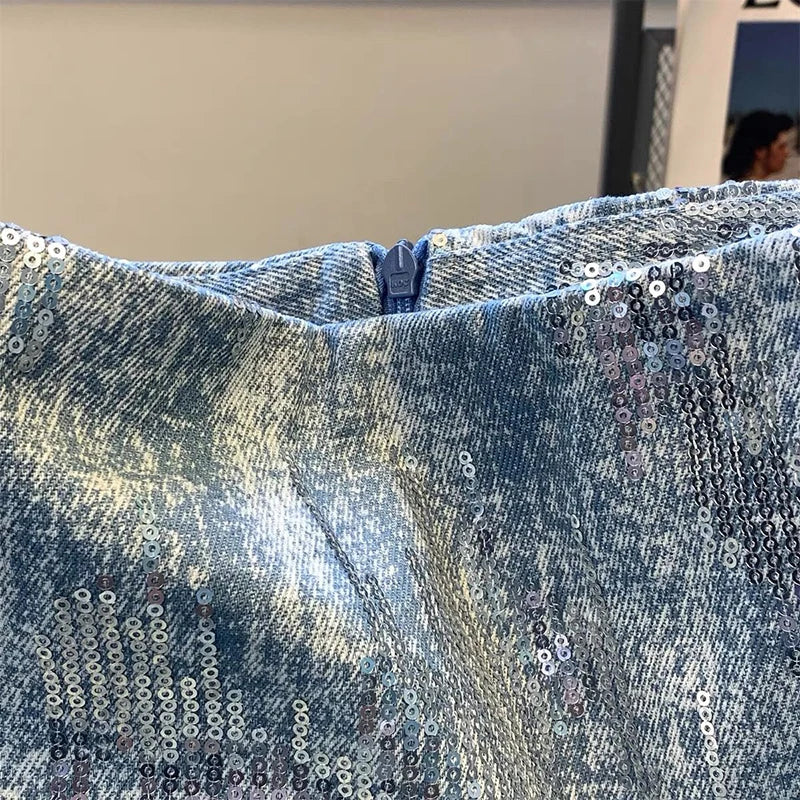 skirts for women Sequin denim bag hip skirt Summer new Korean version of high waist slim retro niche design Joker skirt.