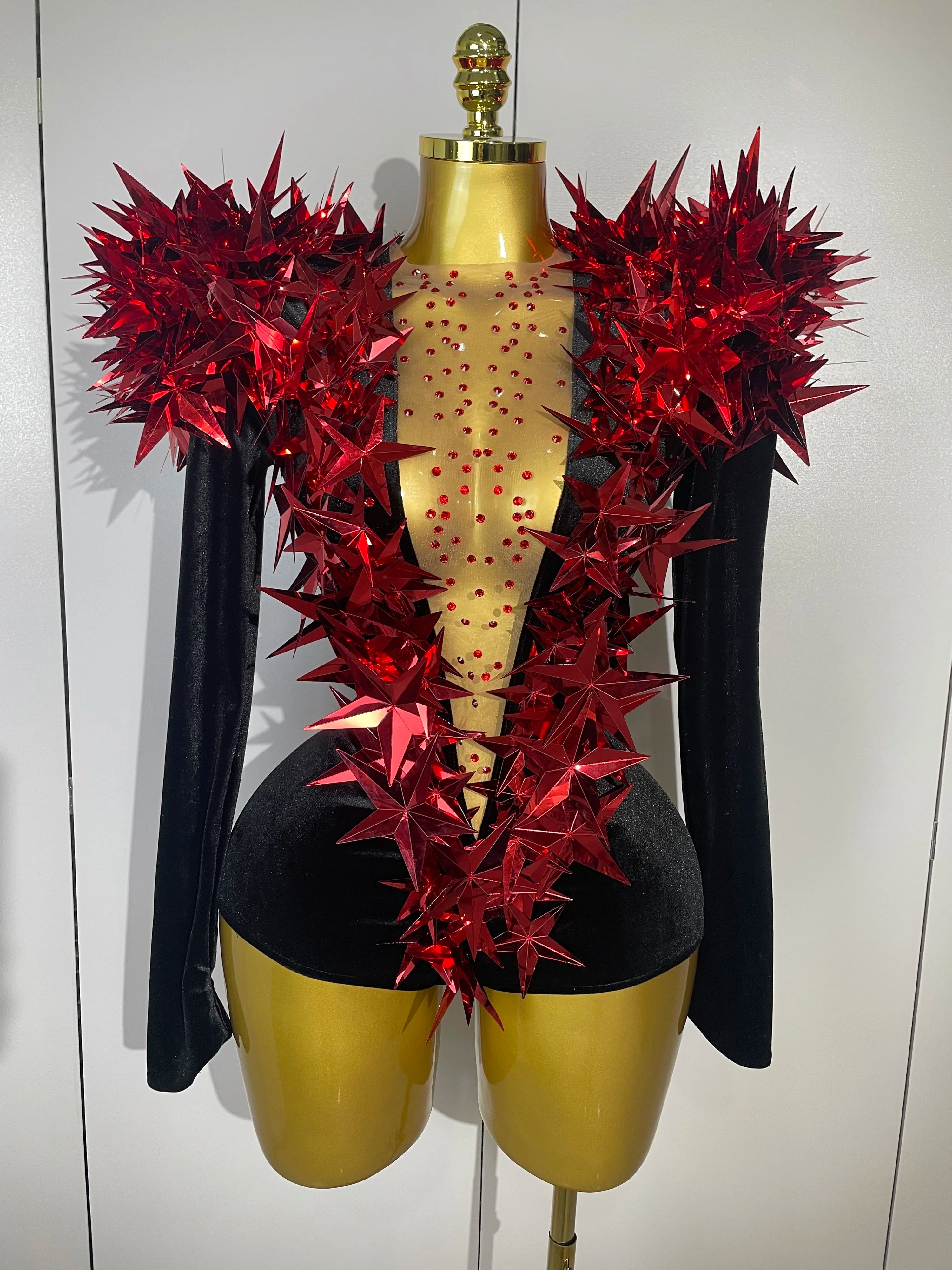 2025 New Shiny Black Rhinestone Velvet Long Sleeve Bodysuit Women Evening Party Club Gala Hosts NightClub Bar Stage Costumes