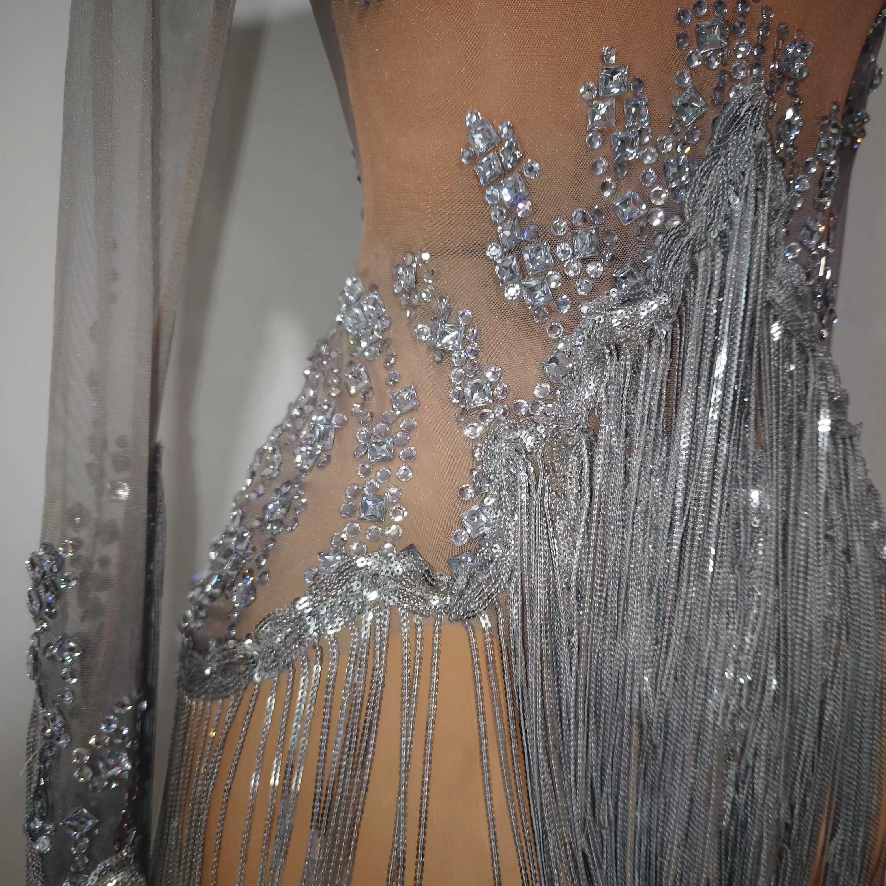 Women Sexy Mesh Silver Gray Crystal Stretchy Night Club Singer Dancer Tassel Dancer tage Costume Mini Party Dress