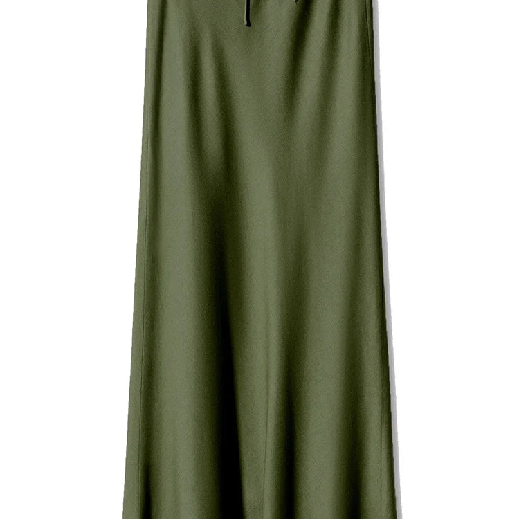 Streamgirl A Line Long Satin Skirts For Women Black Elegant High Waist Maxi Beige Skirts Silk Lace Up Long Skirt Women Army Green