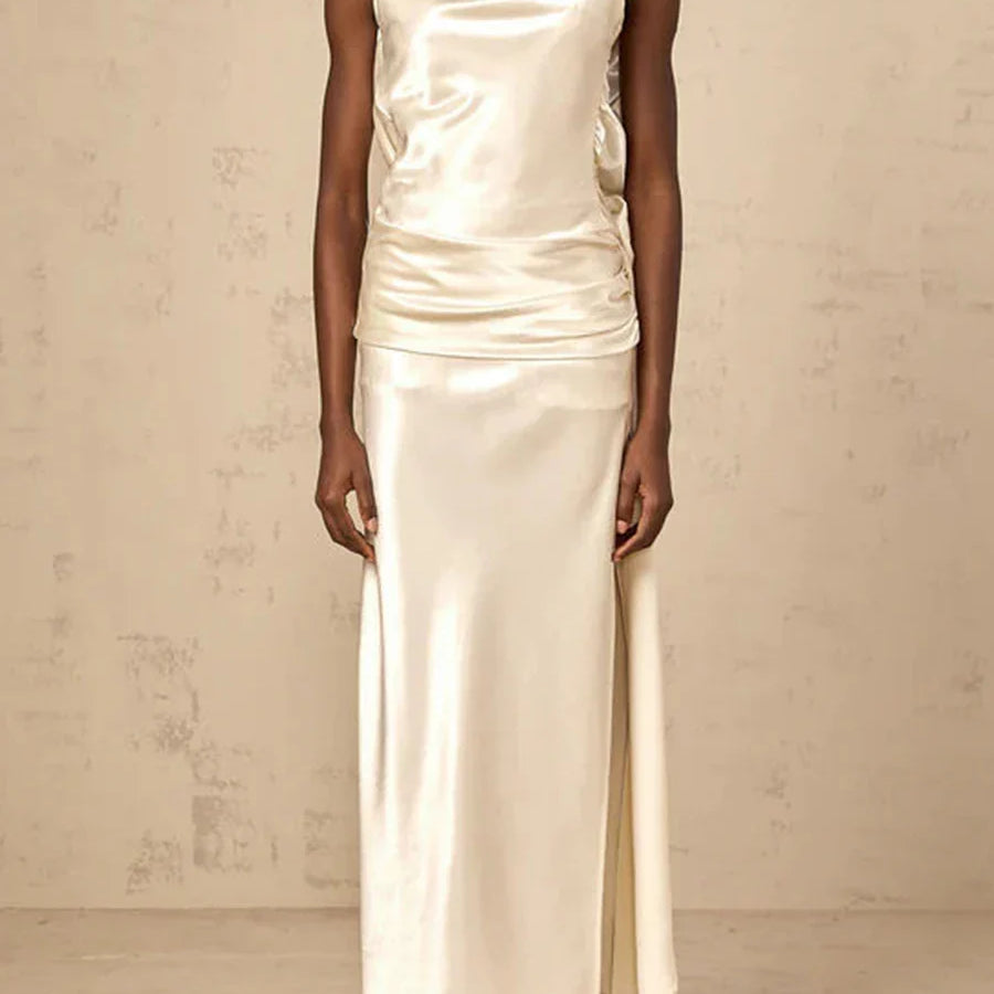 Solid Sliced 3D Flower Split Dresses for Women Swinging Collar Sleeveless Patchwork Folds Backless Dress Female New