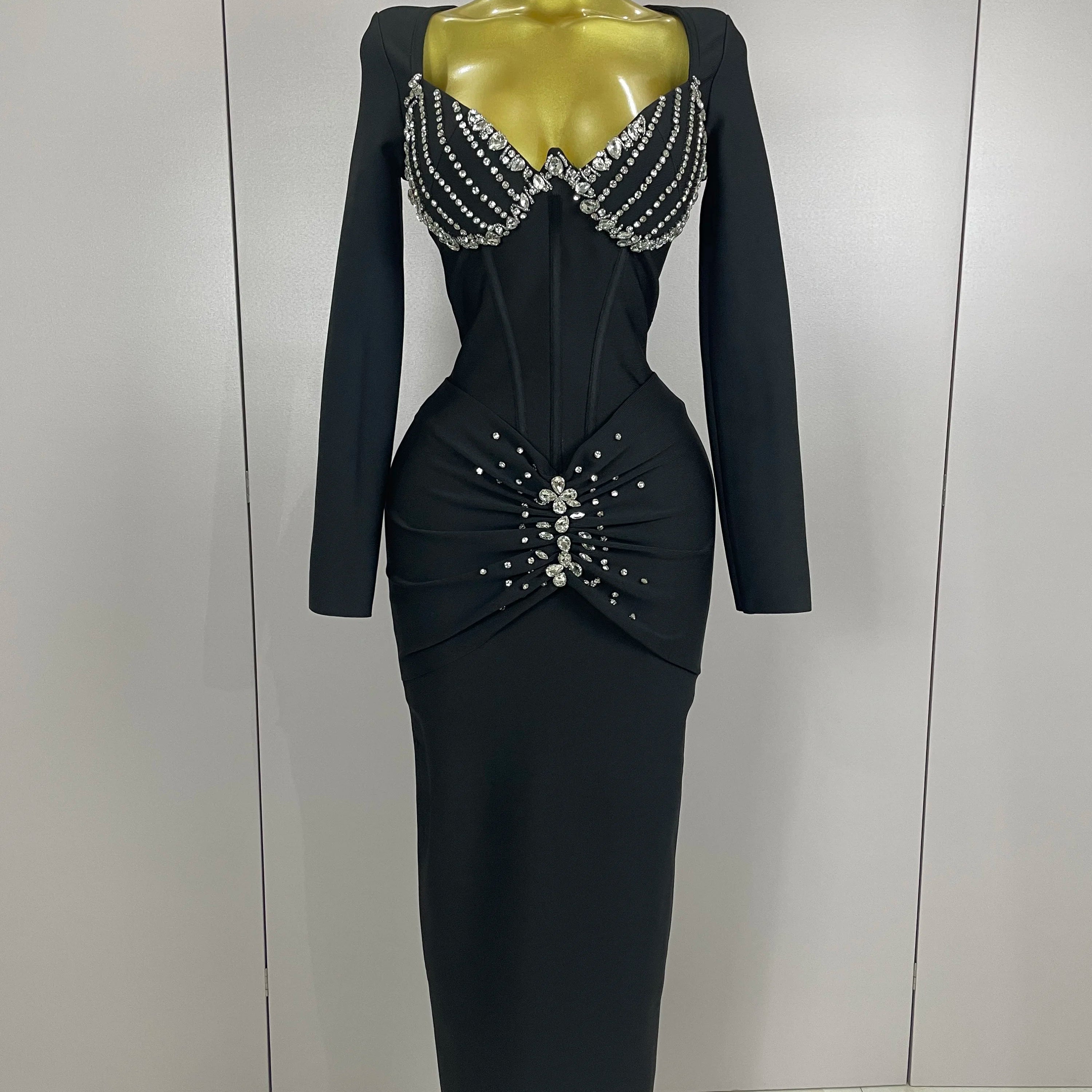 Sexy Luxury Sparkly Beading Bandage Long Sleeve Bodycon Dress   2025 New Women Celebrity Party Elegant Evening Club Pary Dresses