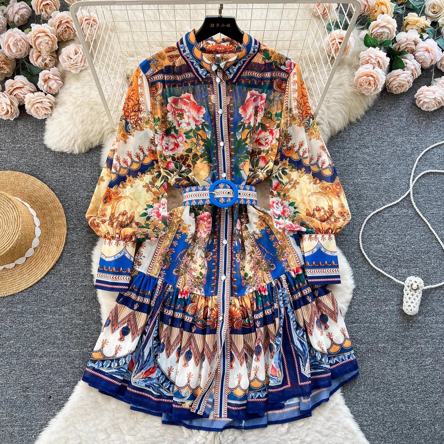 Summer Gorgeous Holiday Beach Mini Dress Women's Stand Long Lantern Sleeve Vintage Print Belt Lace Up Chiffon Loose Vestido 6259