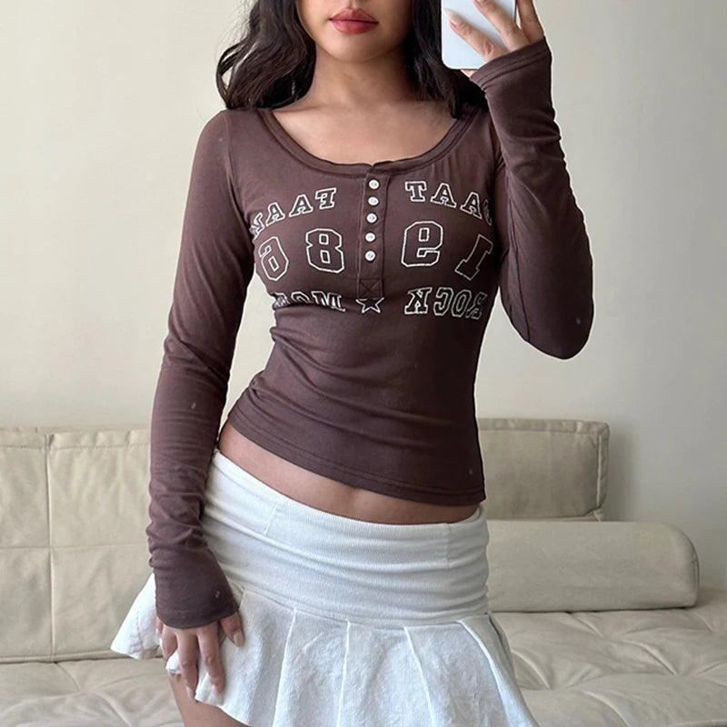 Vintage Letter Print Crop Top Women Retro Grunge Button V Neck Full Sleeve T Shirt Autumn Winter Basic Tee Femme Clothing