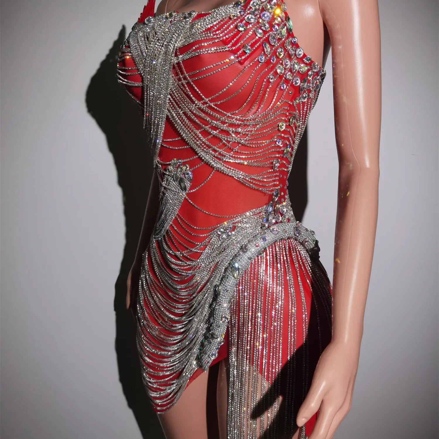 Luxurious Silver Crystals Chains Summer Dresses Women Fashion Rhinestones Fringes Performance See Through Outfit Costume Luoli