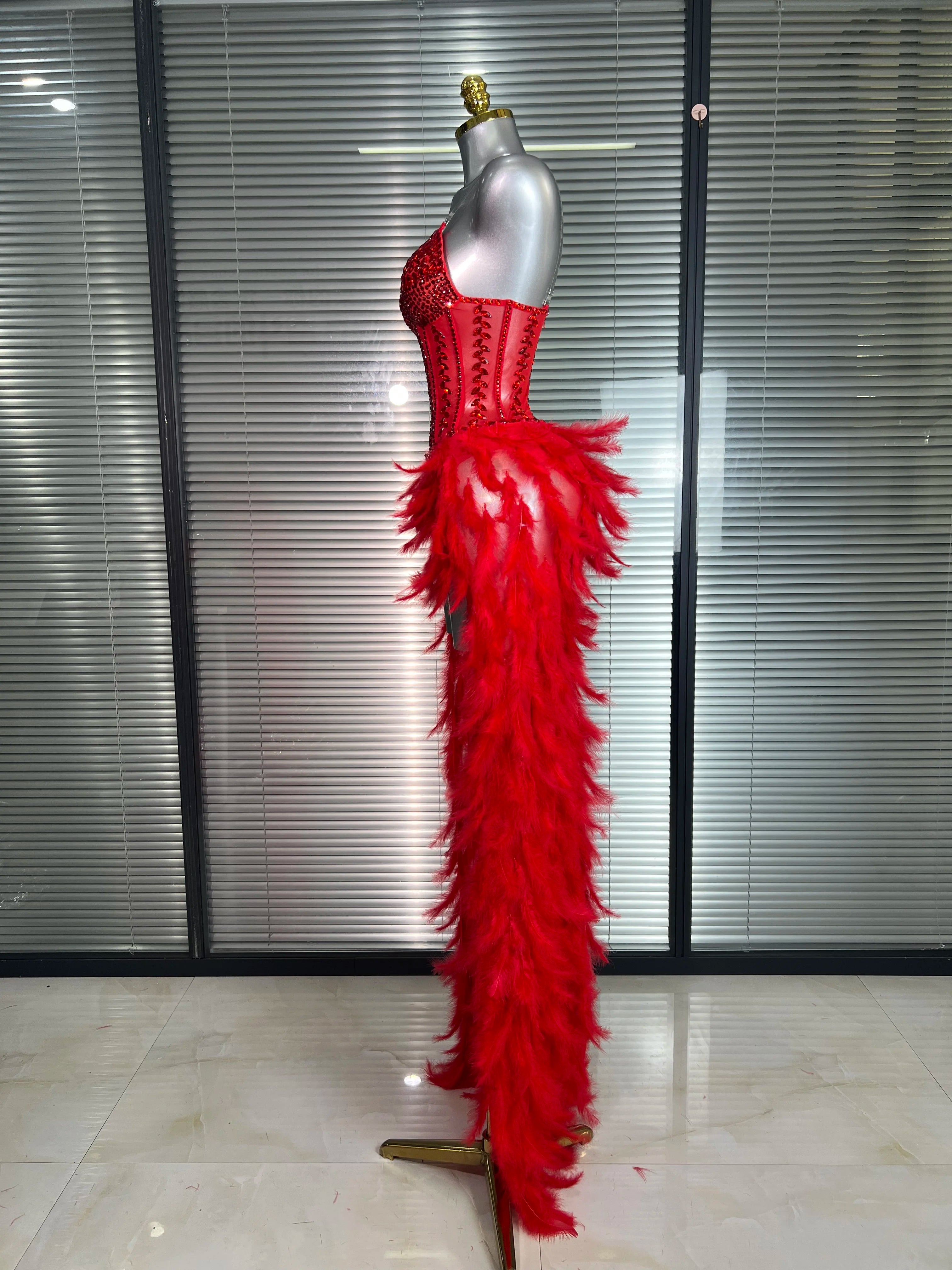 Women Sexy Mesh Feathers Stage Costume Stage Red Stretchy Night Club Bodysuit Party Maxi Dress