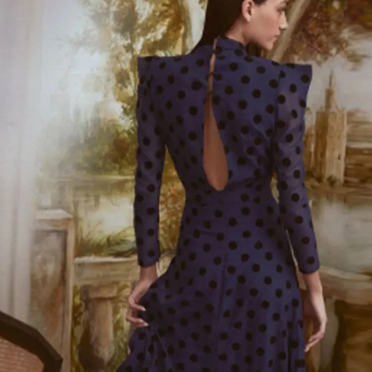 Elegant Polka Dot Printed Women's Slit Maxi Dress Chic Mock Neck Shoulder Pads Backless Robe Spring Female Fashion Vestidos