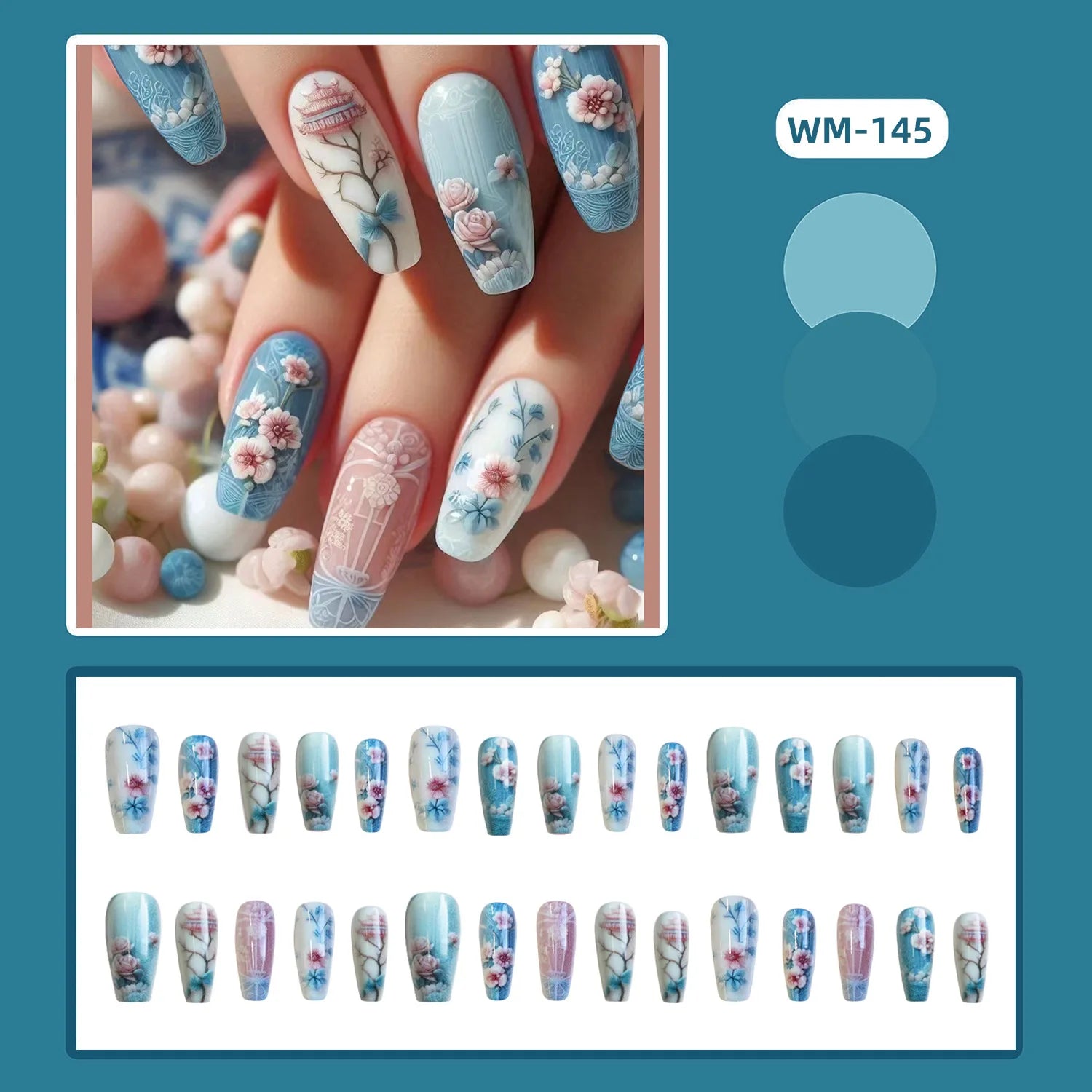 24pcs Classical Flowers Press on Nails Watercolor Butterflys Flowers Print False Nails Wearable Spicy Girls Fake Nails for Women