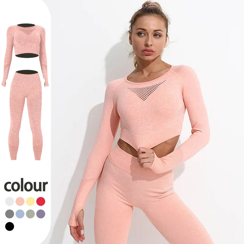 2PCS Seamless Women Sports Suits Yoga Set Workout Sportswear Gym Clothing Fitness Long Sleeve Crop Top High Waist Leggings