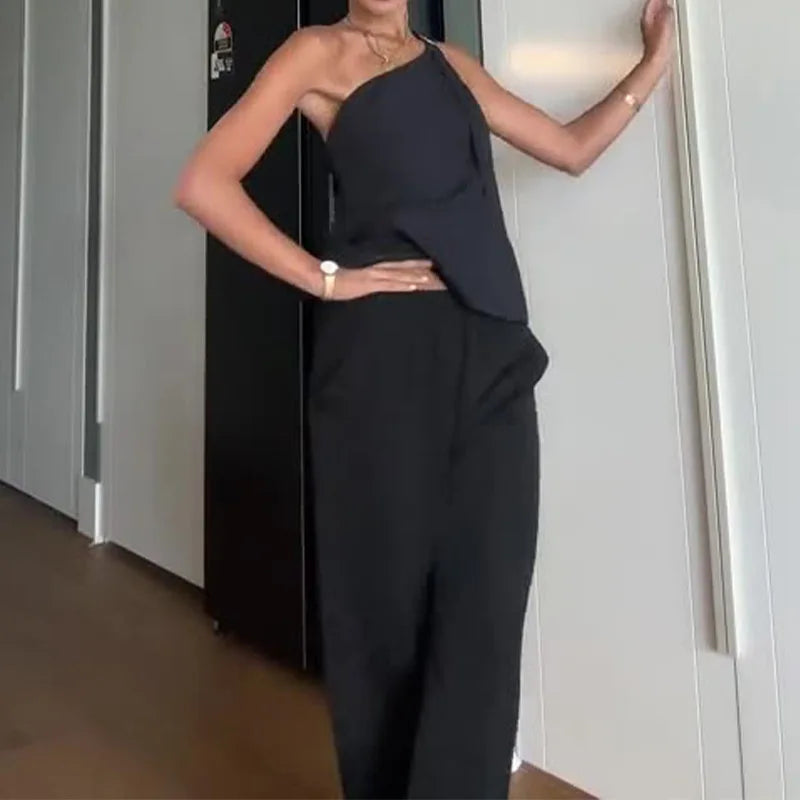 Women's 2 Pieces Set Fashion Versatile Solid Diagonal Collar Sleeveless Top Loose Wide Leg Pants Suits for Female Streetwear