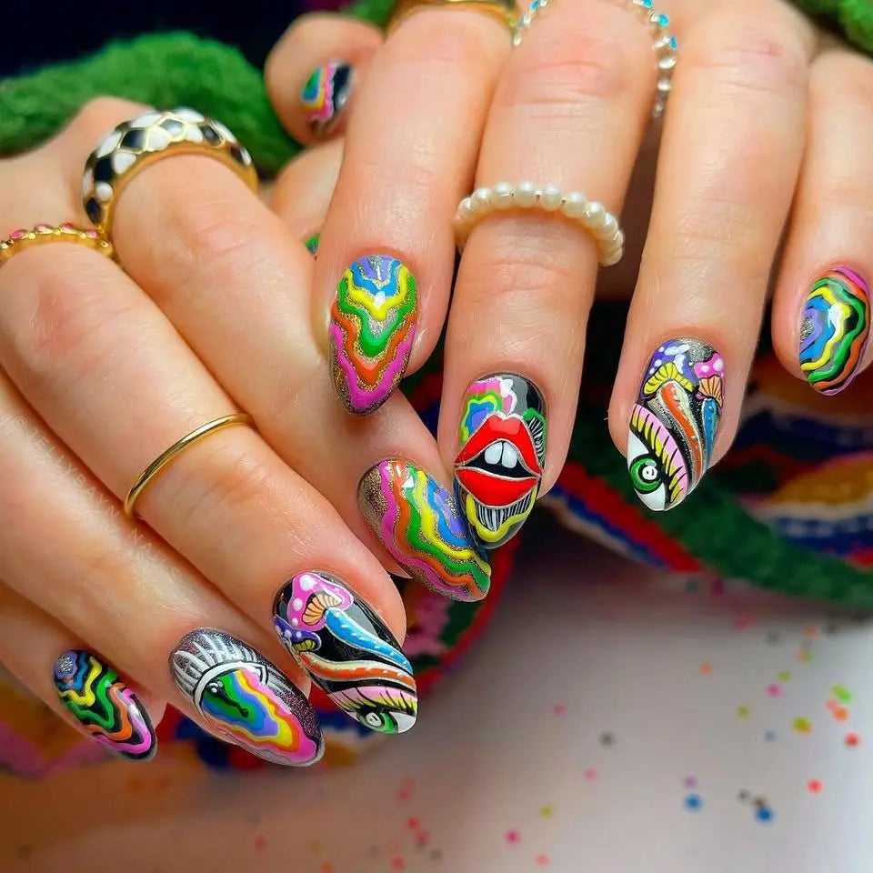 24pcs Colorful Doodle Full Cover Nail Tips Art Lines Design False Nails Mid-length Oval Press on Nails Sets Wearable Fake Nail