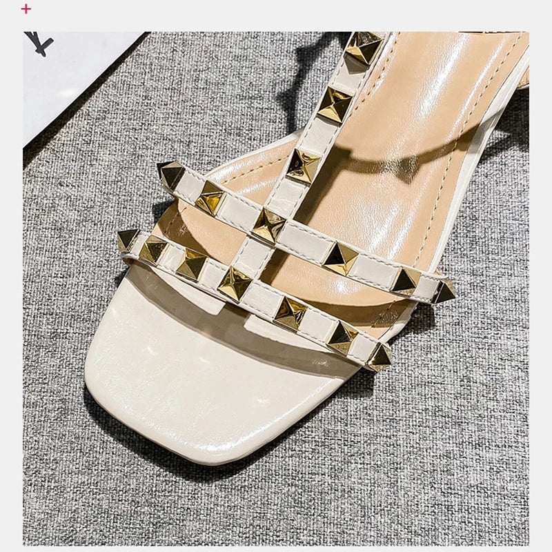Summer low heel women rivets sandals thin ribbon fashion Korean design girls shoes large size wear slippers free delivery