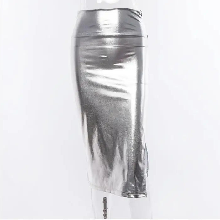 Sexy bodycon split silver skirt Women high waist skirt winter Female Elegant Fashion party bottom long skirts Silver