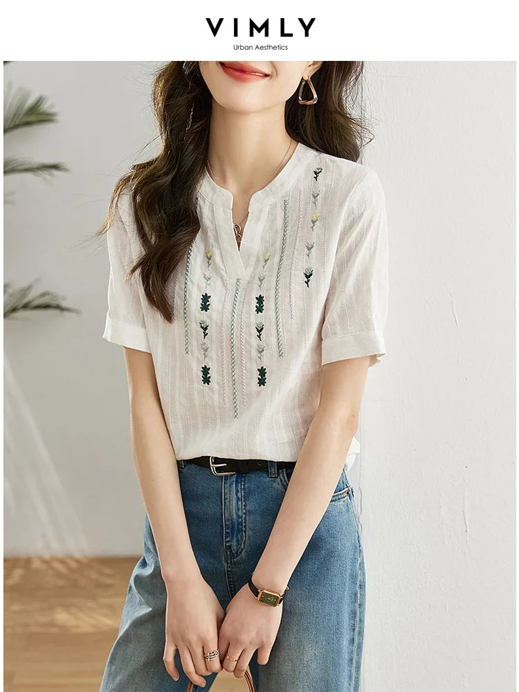 Cotton Short Sleeve Shirt Women Female Summer Tops Straight Floral Embroidery Ladies French Shirts & Blouses White
