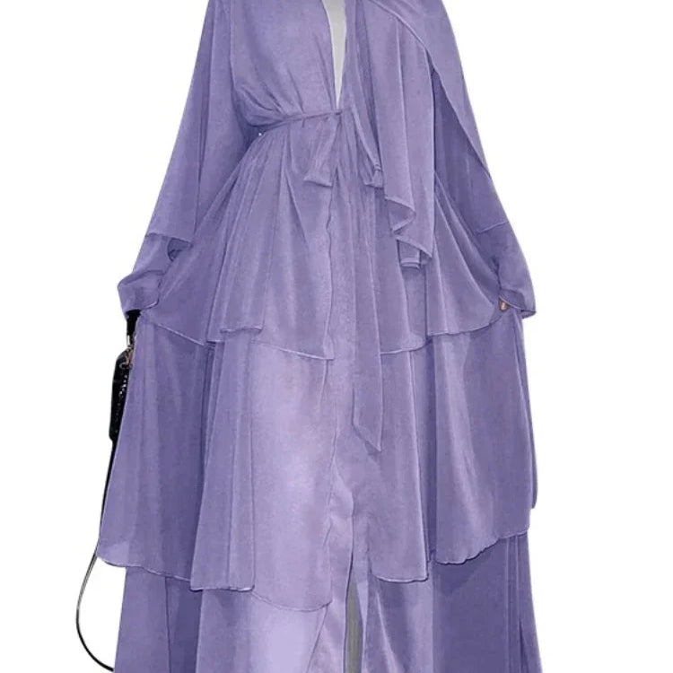 New In Women Abaya NO SCRARF(Encrypted Chiffon)Elegant Muslim Stitching Three Layer Abaya Ruffle Sleeves Cardigan Marocain Dress Lavender