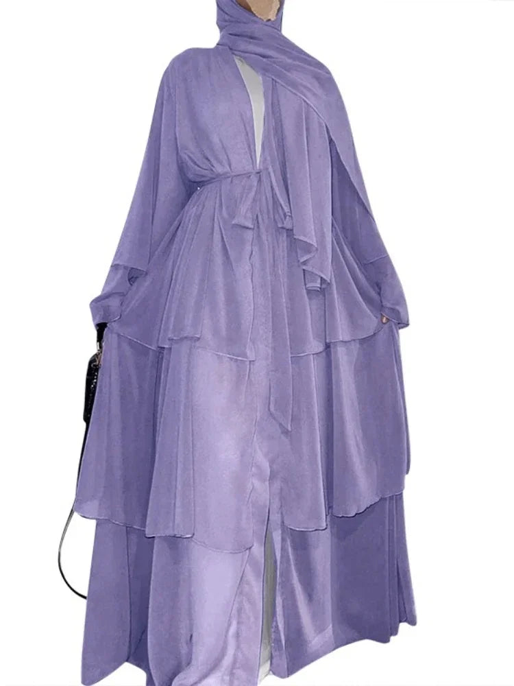 New In Women Abaya NO SCRARF(Encrypted Chiffon)Elegant Muslim Stitching Three Layer Abaya Ruffle Sleeves Cardigan Marocain Dress Lavender