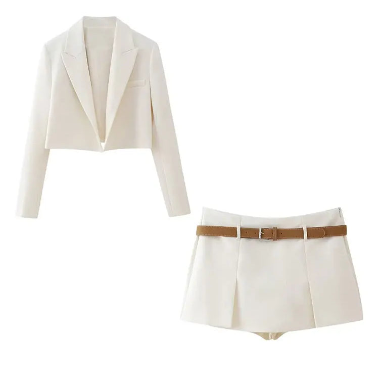 TRAF Spring Women's Solid Beige Blazer Suit Long Sleeves Cropped Blazer+High Waist With Belt A-Line Culottes Elegant Sets