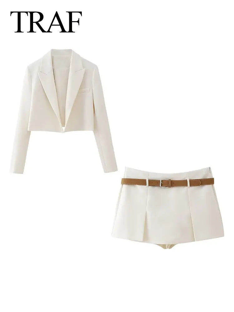 TRAF Spring Women's Solid Beige Blazer Suit Long Sleeves Cropped Blazer+High Waist With Belt A-Line Culottes Elegant Sets