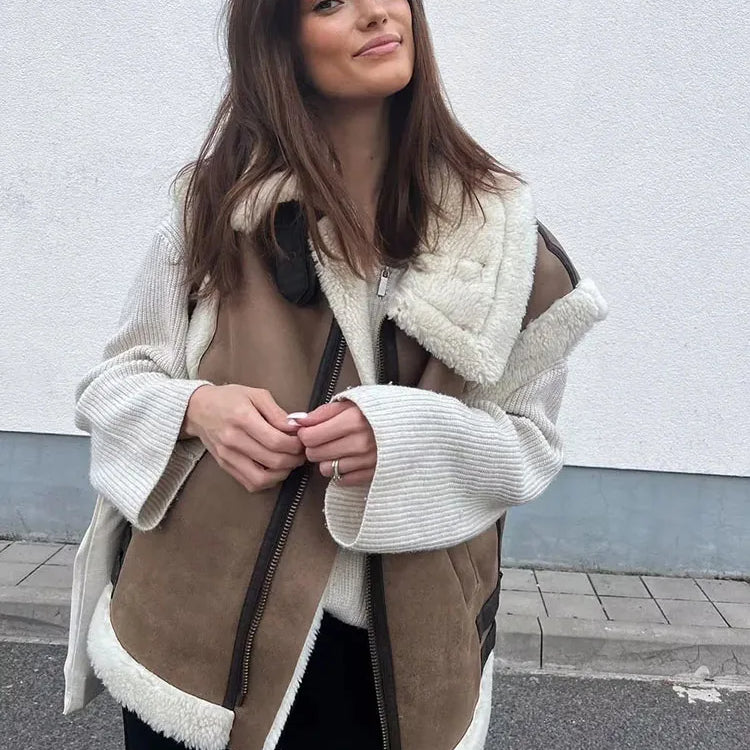 TRAFZA Winter Fur Vest Women Faux Sheepskin Fur Waistcoat Chic Lady Faux Leather Fleece Warm Vest Woman Sleeveless Jacket