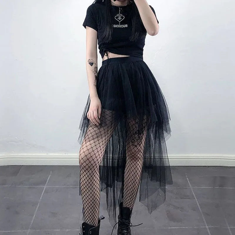 Gothic Black Mesh Skirt Women Summer Fashion High Waist Streetwear Irregular Midi Skirts Chic Dark Series Punk Stitching Skirts