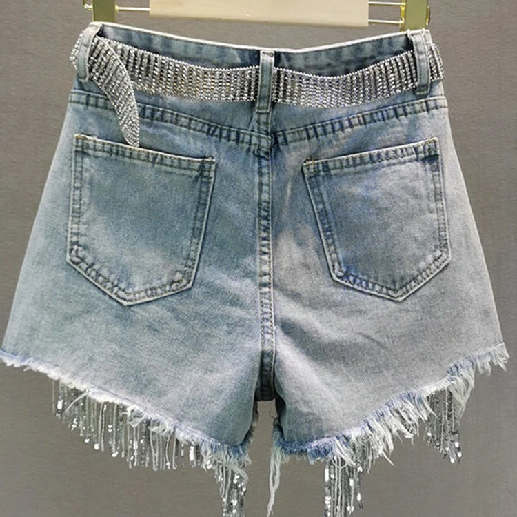 Summer Elegant Shorts Lady Tassel Beading High Waist Wide Leg Denim Shorts Female Casual Solid Shorts Jeans for Women Clothing