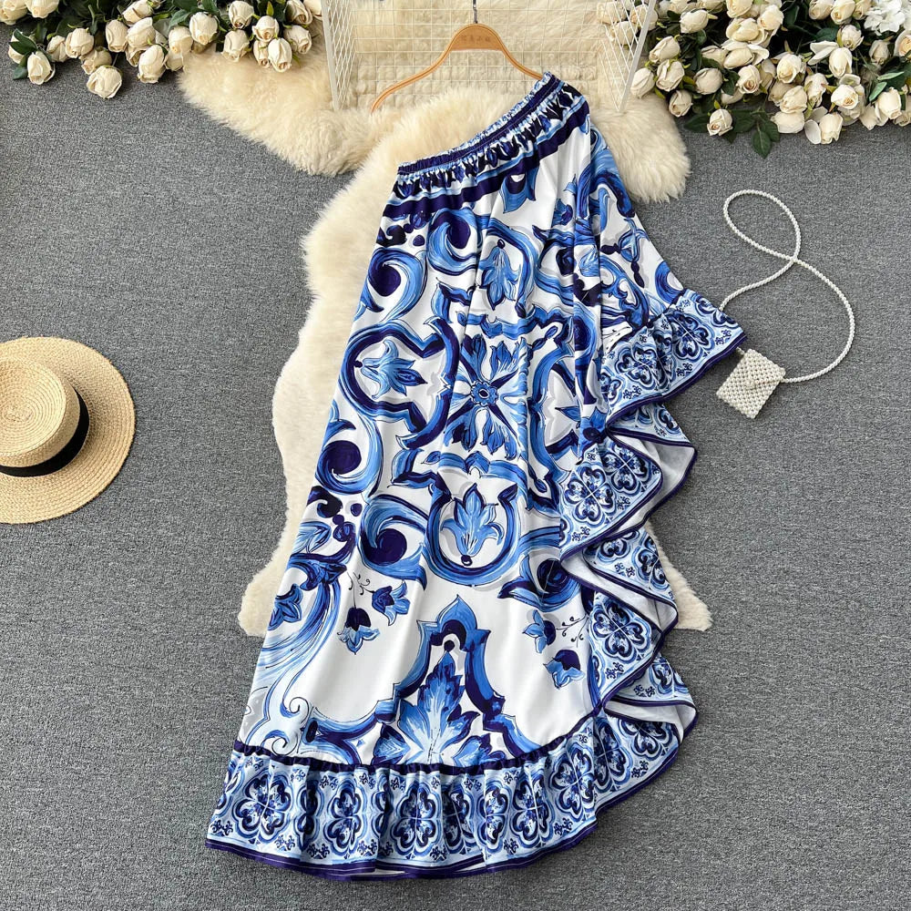 2023 New Summer Designer Bohemian Asymmetry Long Dress Women's Off Cool Shoulder Blue And White Porcelain Ruffled Hem Loose Robe
