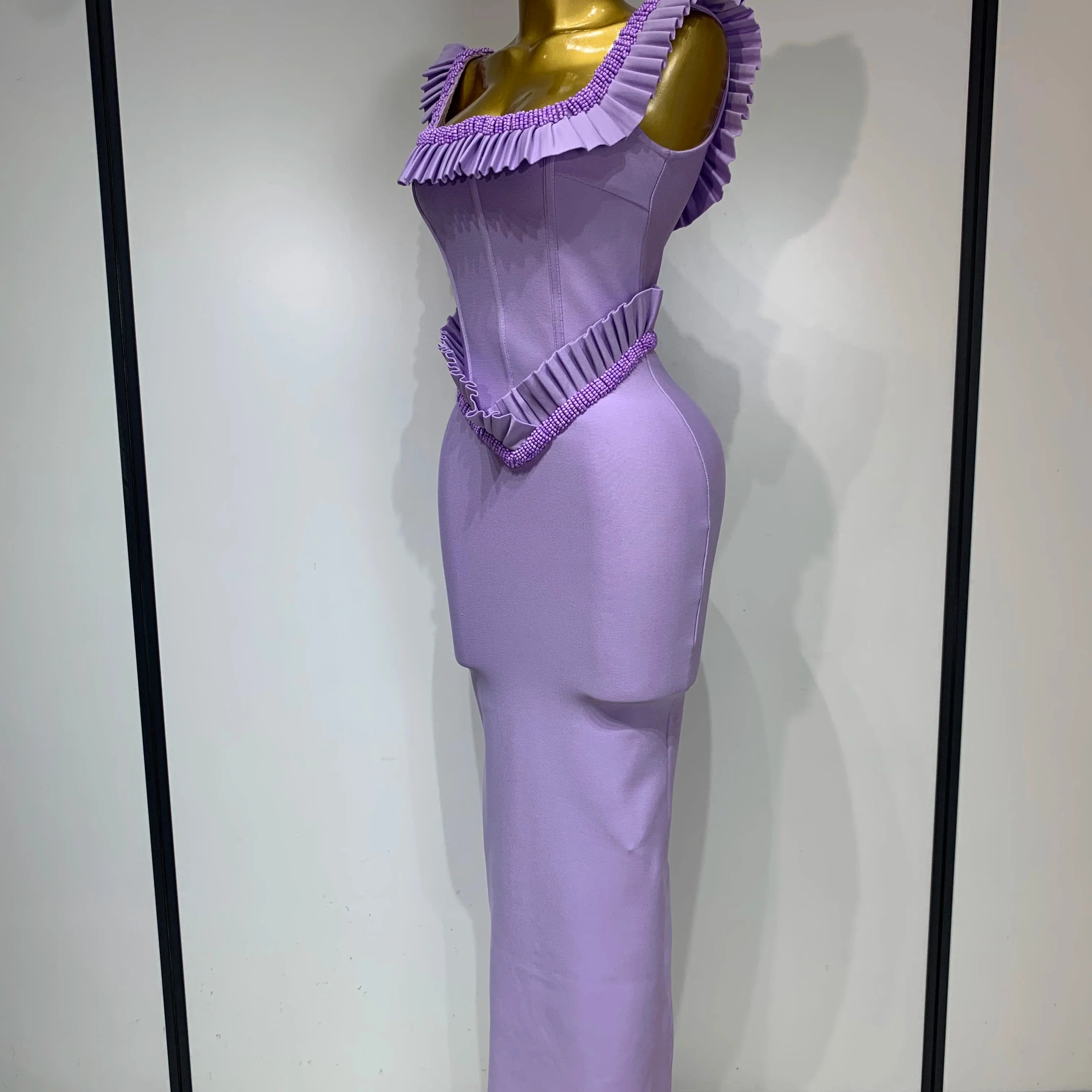 Women Sexy Square Collar Ruffles Beading Long Bodycon Bandage Dress  Celebrity Elegant Evening Club Party Birthday Dress