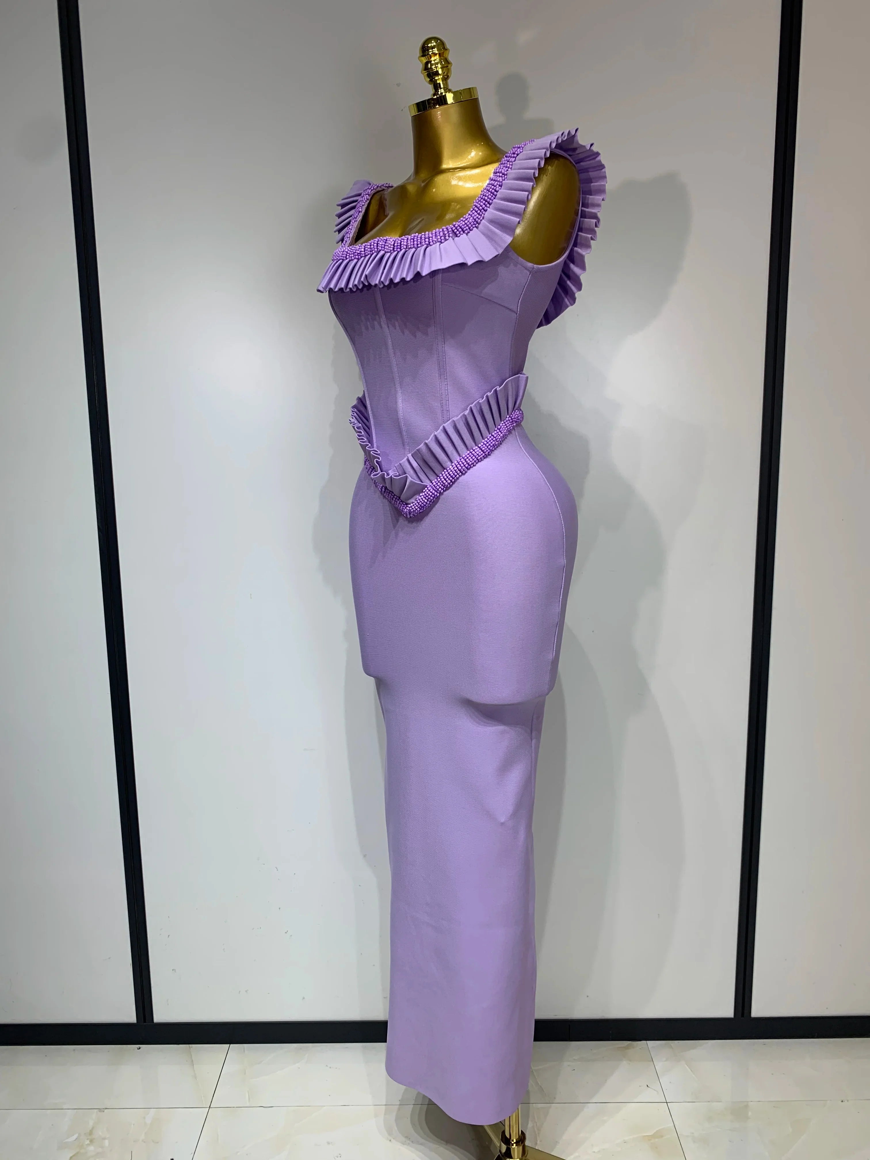 Women Sexy Square Collar Ruffles Beading Long Bodycon Bandage Dress  Celebrity Elegant Evening Club Party Birthday Dress