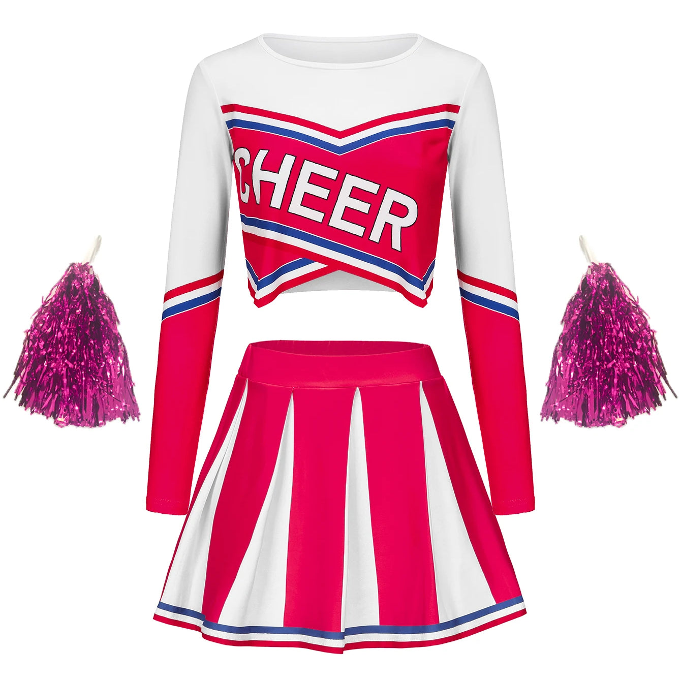 Women's Long Sleeve Cheerleader pompon Sexy Student Stage Music Performance Dress Skirt Halloween Uniform Rose