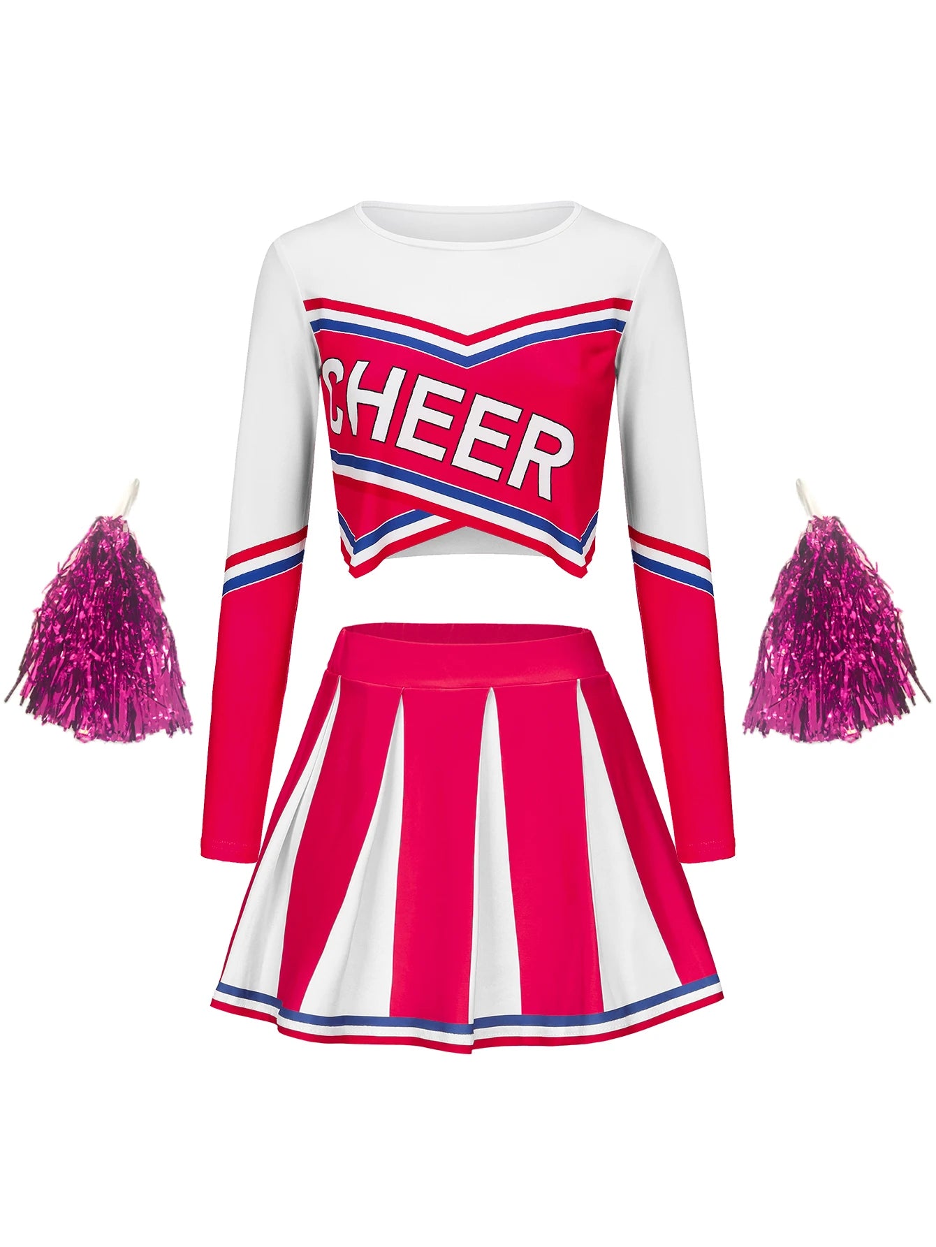 Women's Long Sleeve Cheerleader pompon Sexy Student Stage Music Performance Dress Skirt Halloween Uniform Rose