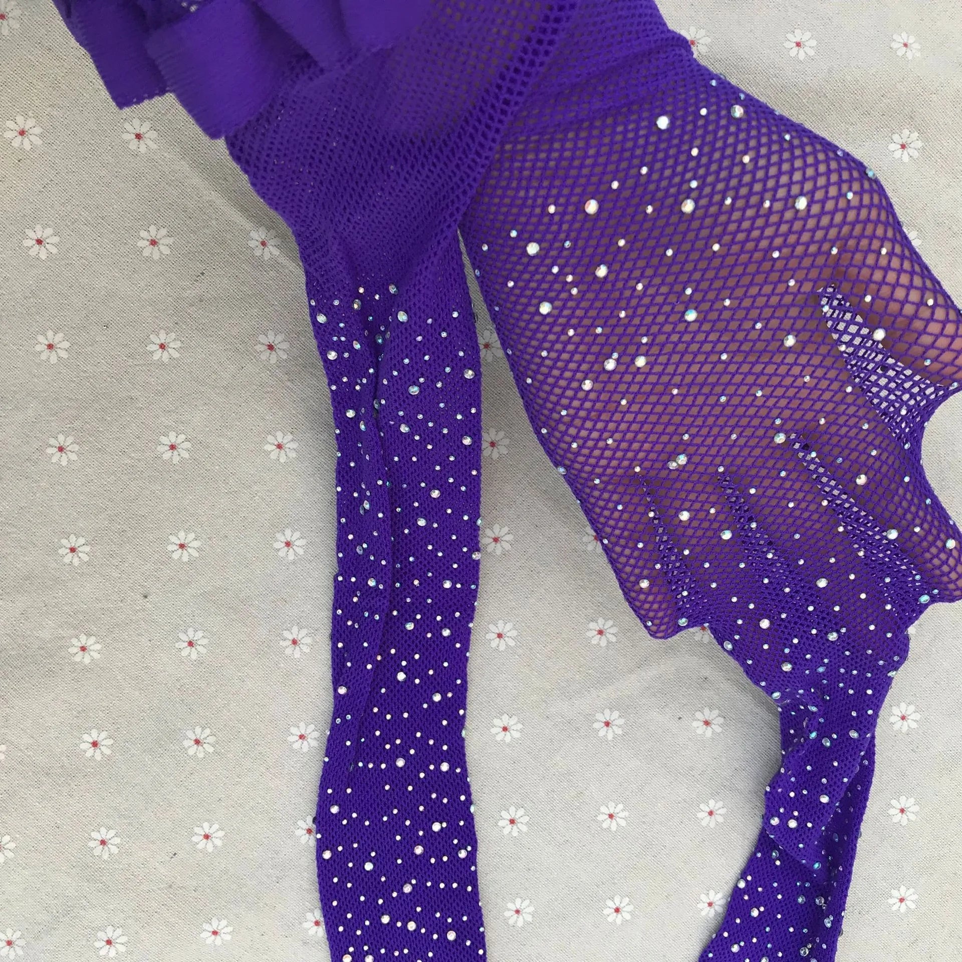 Summer Fishnet Diamond Pantyhose Women Sexy Fashion Shiny Net Tights Female Slim Rhinestone Mesh Nylon Stockings Tights PURPLE One Size