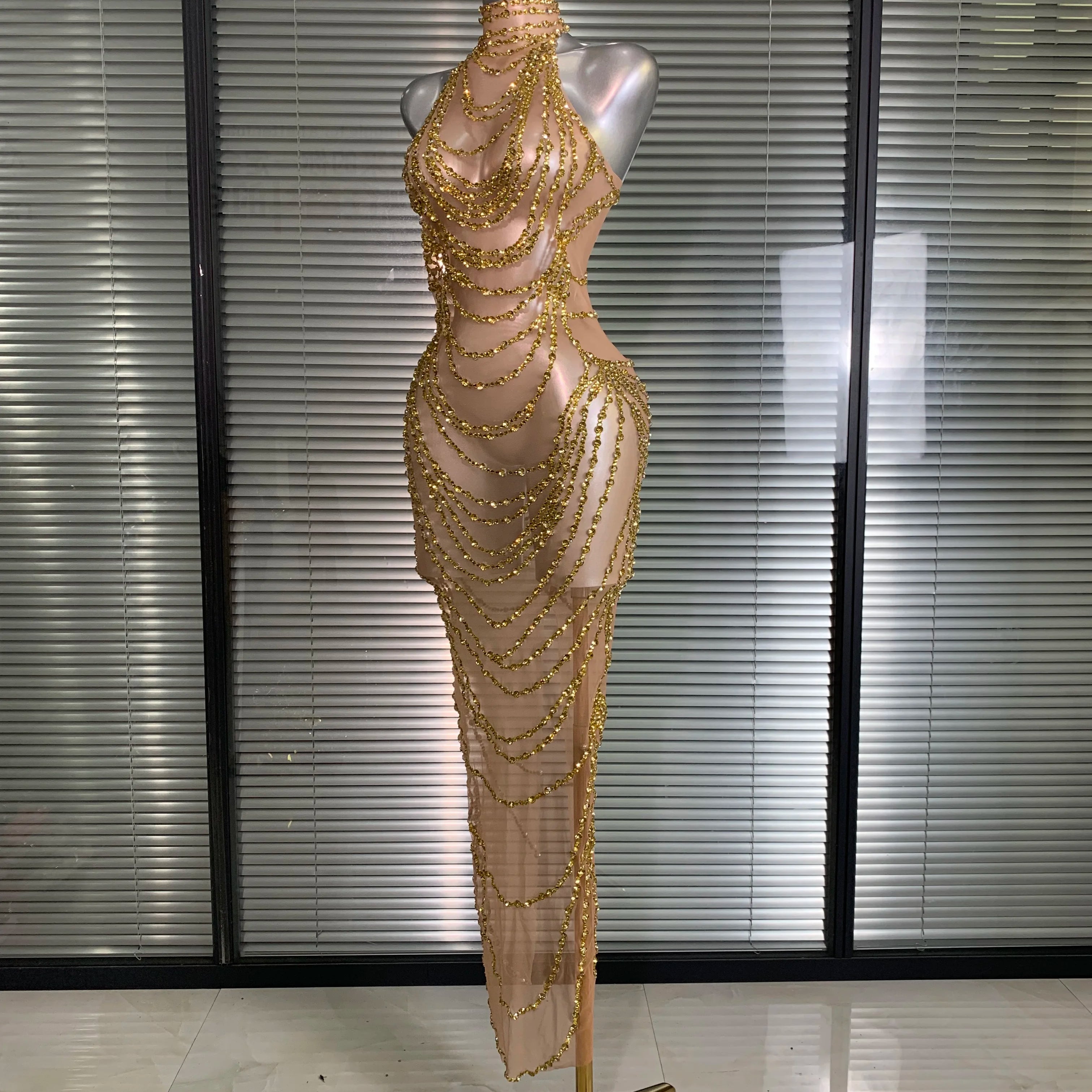 New Women Sexy Mesh Crystal Diamonds Shinning Long Maxi Dress See Through Gold Silver Party Costume Stage Performance Dress