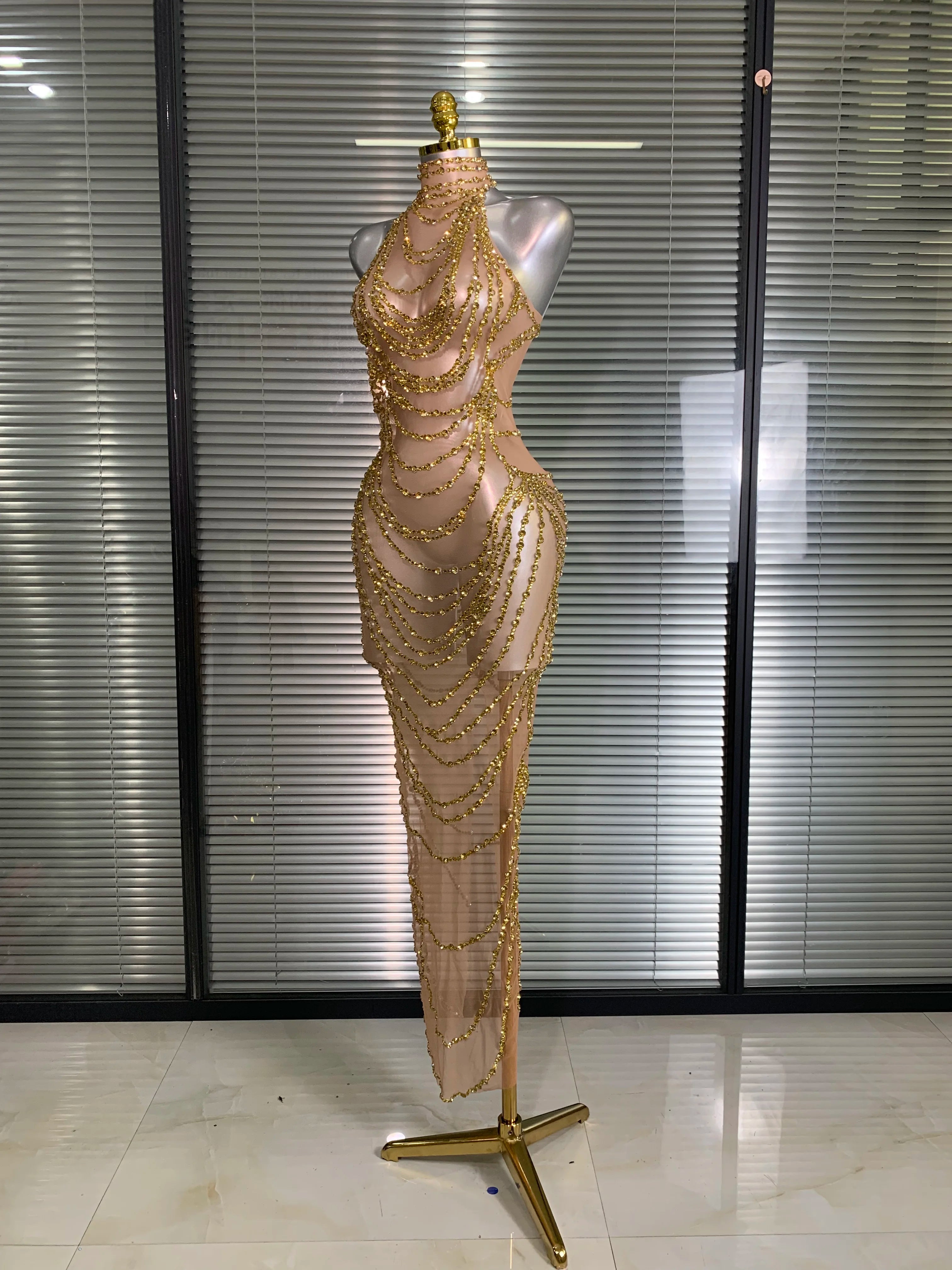 New Women Sexy Mesh Crystal Diamonds Shinning Long Maxi Dress See Through Gold Silver Party Costume Stage Performance Dress