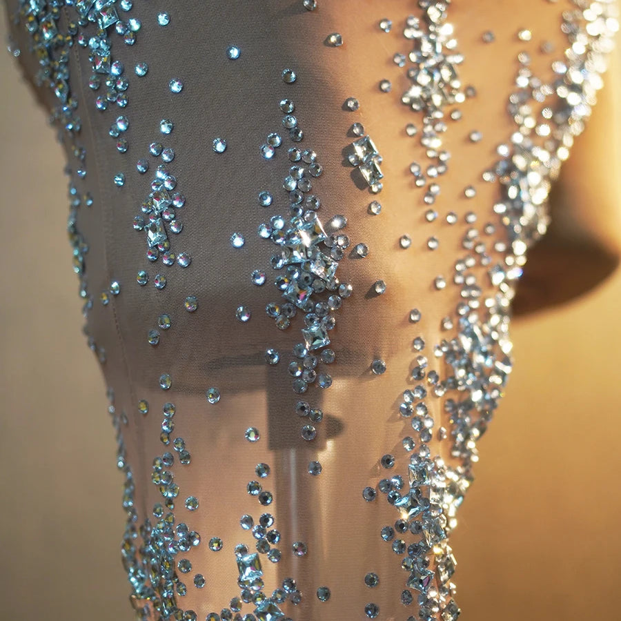 Nightclub Mini Dress Singer Stage Performance Wear Bar Party Asymmetrical Dress Sparkly Rhinestones Sleeveless Mesh Dress Xinghe