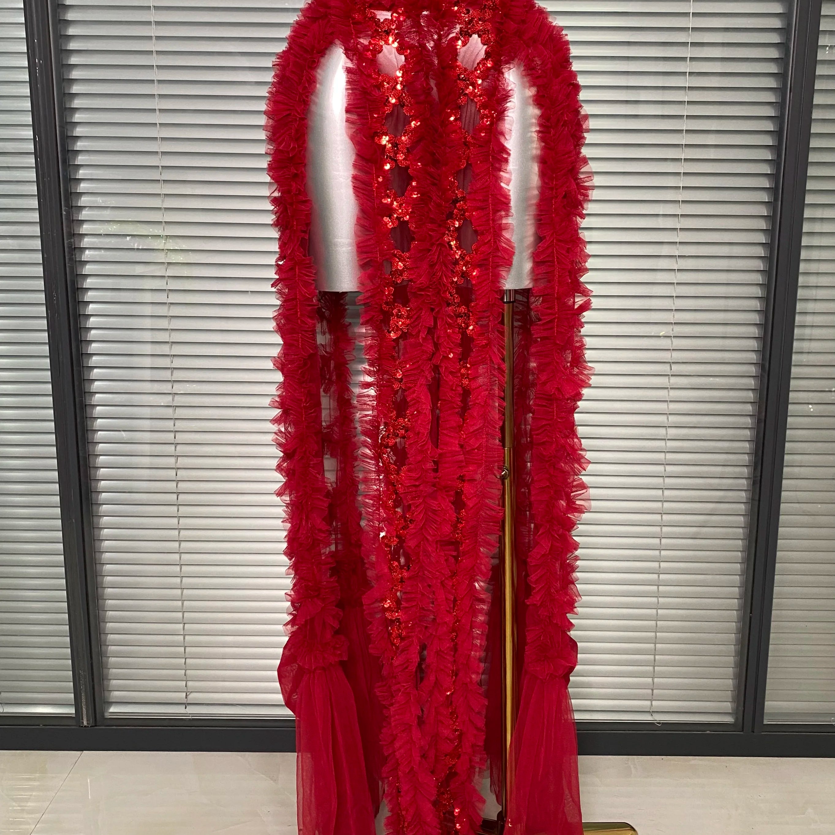 Ins New Women Sexy See Through Sequins Sparkly Red Pink Long Maxi Dress Party Costume Singer Stage Performance Dress