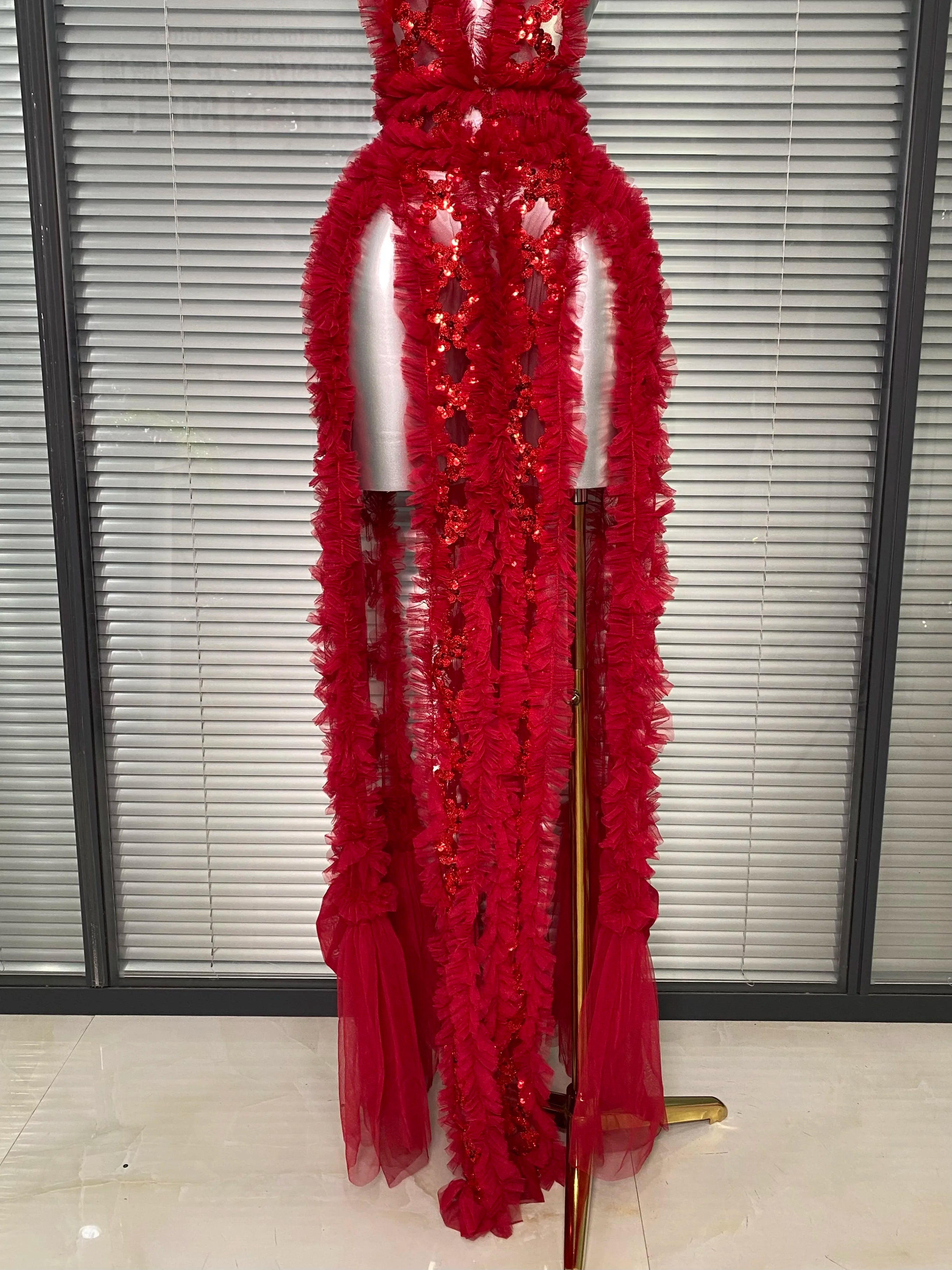 Ins New Women Sexy See Through Sequins Sparkly Red Pink Long Maxi Dress Party Costume Singer Stage Performance Dress